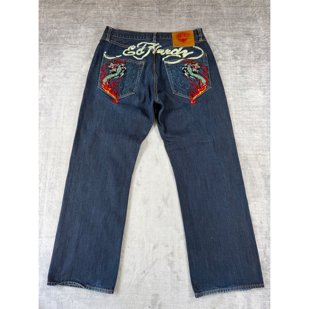 Ed Hardy Jeans Mens 36x32 Blue Snake Flame Embroidered Y2K Christian Audigier